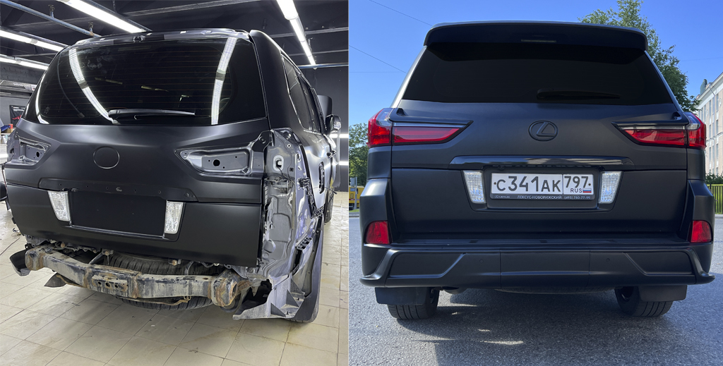 Оклейка заднего стекла черным полиуретаном Lexus 570